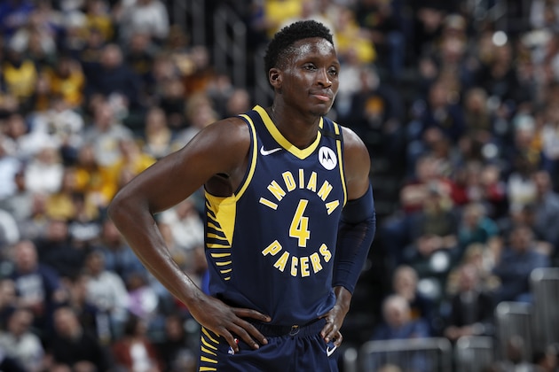 INDIANAPOLIS, IN - FEBRUARY 01: Victor Oladipo #4 of the Indiana Pacers looks on during a game against the New York Knicks at Bankers Life Fieldhouse on February 1, 2020 in Indianapolis, Indiana. The Knicks defeated the Pacers 92-85. NOTE TO USER: User expressly acknowledges and agrees that, by downloading and or using this Photograph, user is consenting to the terms and conditions of the Getty Images License Agreement. (Photo by Joe Robbins/Getty Images)
