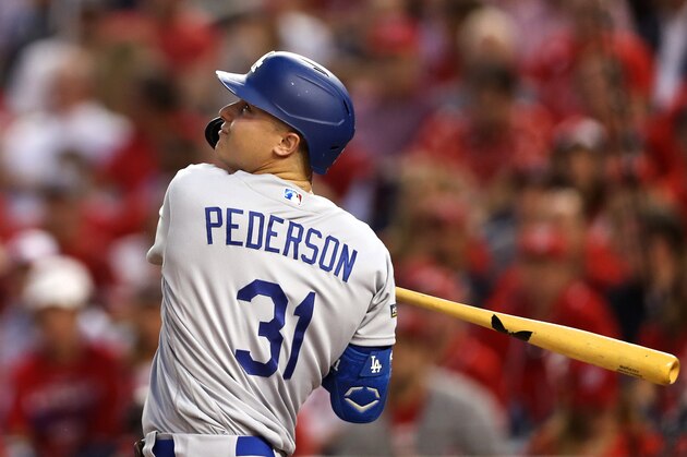 WASHINGTON, DC - OCTOBER 07: Joc Pederson #31 of the Los Angeles Dodgers flies out in the first inning against the Washington Nationals in game four of the National League Division Series at Nationals Park on October 07, 2019 in Washington, DC. (Photo by Rob Carr/Getty Images)