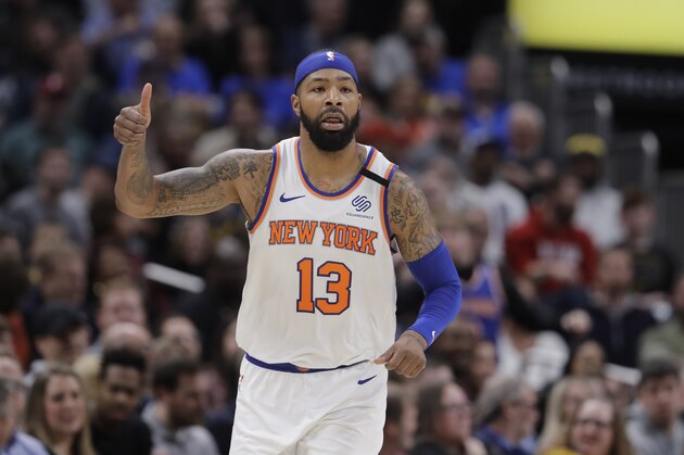 New York Knicks' Marcus Morris Sr. (13) reacts during the second half of an NBA basketball game against the Indiana Pacers, Saturday, Feb. 1, 2020, in Indianapolis. New York won 92-85. (AP Photo/Darron Cummings)