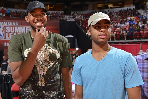 LAS VEGAS, NV - JULY 18:  Karl-Anthony Towns #32 of the Minnesota Timberwolves and D'Angelo Russell #1 of the Los Angeles Lakers attend the game between the Minnesota Timberwolves and the Chicago Bulls during the 2016 NBA Las Vegas Summer League game on July 18, 2016 at the Thomas & Mack Center in Las Vegas, Nevada. NOTE TO USER: User expressly acknowledges and agrees that, by downloading and or using this photograph, User is consenting to the terms and conditions of the Getty Images License Agreement. Mandatory Copyright Notice: Copyright 2016 NBAE  (Photo by David Dow/NBAE via Getty Images)