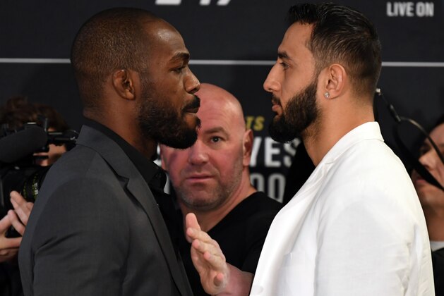 HOUSTON, TEXAS - FEBRUARY 06: (L-R) Opponents Jon Jones and Dominick Reyes face off during the UFC 247 Ultimate Media Day at the Crowne Plaza Houston River Oaks on February 06, 2020 in Houston, Texas. (Photo by Josh Hedges/Zuffa LLC)