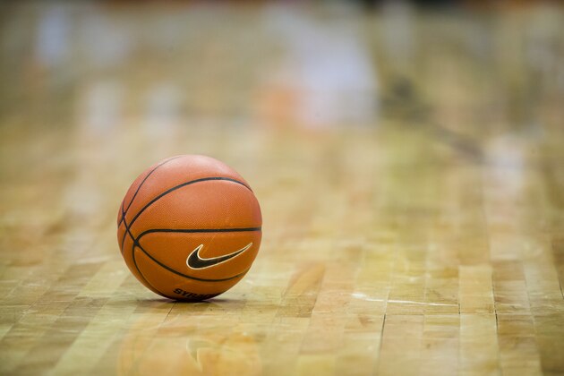 SYRACUSE, NY - DECEMBER 08:  Detail view of basketball with Nike Swoosh logo on the court during the game between the Syracuse Orange and the Georgetown Hoyas at the Carrier Dome on December 8, 2018 in Syracuse, New York. Syracuse defeats Georgetown 72-71. (Photo by Brett Carlsen/Getty Images)