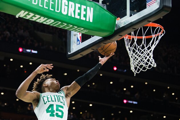 BOSTON, MA - FEBRUARY 5: Romeo Langford #45 of the Boston Celtics goes in for a layup against the Orlando Magic in the second half at TD Garden on February 5, 2020 in Boston, Massachusetts. NOTE TO USER: User expressly acknowledges and agrees that, by downloading and or using this photograph, User is consenting to the terms and conditions of the Getty Images License Agreement. (Photo by Kathryn Riley/Getty Images) BOSTON, MA - FEBRUARY 5: Romeo Langford #45 of the Boston Celtics goes in for a layup against the Orlando Magic in the second half at TD Garden on February 5, 2020 in Boston, Massachusetts. NOTE TO USER: User expressly acknowledges and agrees that, by downloading and or using this photograph, User is consenting to the terms and conditions of the Getty Images License Agreement. (Photo by Kathryn Riley/Getty Images)