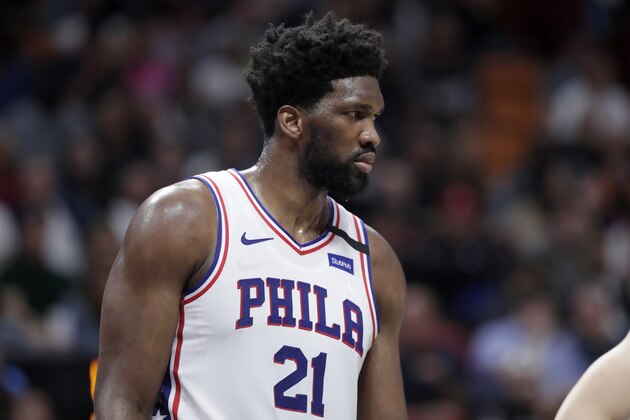 Philadelphia 76ers center Joel Embiid (21) in action during the second half of an NBA basketball game against the Miami Heat, Monday, Feb. 3, 2020, in Miami. The Heat won 137-106. (AP Photo/Lynne Sladky)