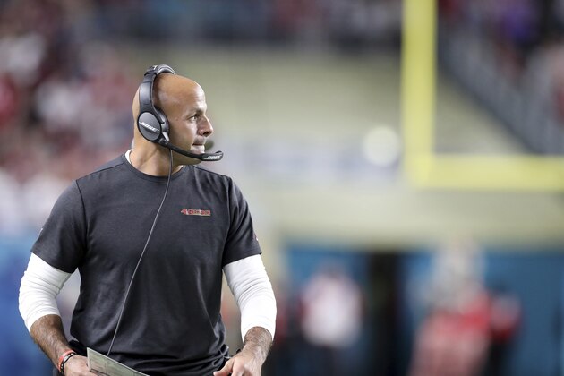 San Francisco 49ers defensive coordinator Robert Saleh works the sidelines against the Kansas City Chiefs at Super Bowl 54 on Feb. 2, 2020, in Miami Gardens, Fla. The Chiefs won the game 31-20. (AP Photo/Gregory Payan) San Francisco 49ers defensive coordinator Robert Saleh works the sidelines against the Kansas City Chiefs at Super Bowl 54 on Feb. 2, 2020, in Miami Gardens, Fla. The Chiefs won the game 31-20. (AP Photo/Gregory Payan)