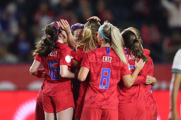 CARSON, CA - FEBRUARY 07: Samantha Mewis #3 of USA celebrates with her team mates after scoring her team's third goal during the semifinals game between Mexico and United States as part of the 2020 CONCACAF Women's Olympic Qualifying at Dignity Health Sports Park on February 7, 2020 in Carson, California. (Photo by Omar Vega/Getty Images)