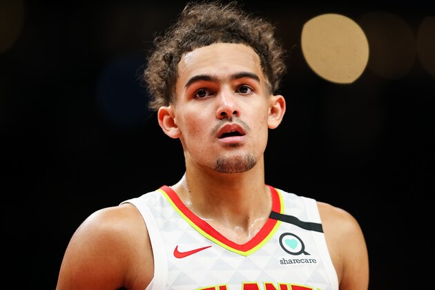 ATLANTA, GA - FEBRUARY 3: Trae Young #11 of the Atlanta Hawks looks on during a game against the Boston Celtics at State Farm Arena on February 3, 2020 in Atlanta, Georgia. NOTE TO USER: User expressly acknowledges and agrees that, by downloading and or using this photograph, User is consenting to the terms and conditions of the Getty Images License Agreement. (Photo by Carmen Mandato/Getty Images)