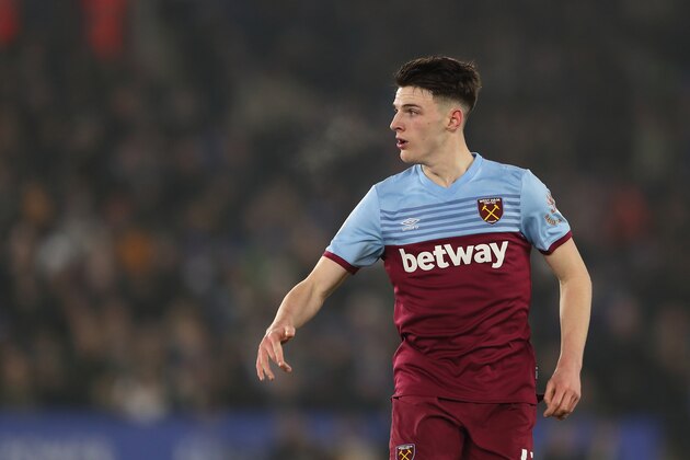 LEICESTER, ENGLAND - JANUARY 22: Declan Rice of West Ham United during the Premier League match between Leicester City and West Ham United at The King Power Stadium on January 22, 2020 in Leicester, United Kingdom. (Photo by James Williamson - AMA/Getty Images)