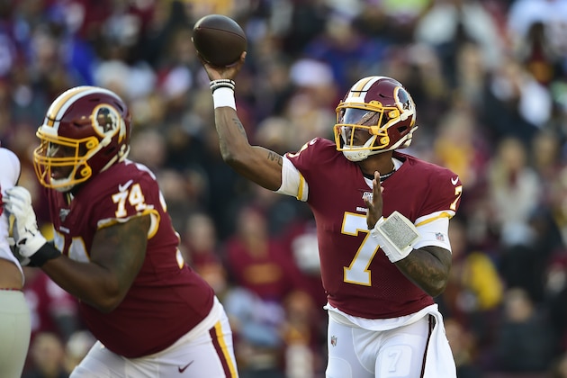 LANDOVER, MD - DECEMBER 22: Dwayne Haskins #7 of the Washington Redskins throws a pass in the first half against the New York Giants at FedExField on December 22, 2019 in Landover, Maryland. (Photo by Patrick McDermott/Getty Images)