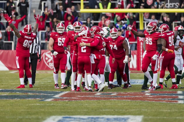 WASHINGTON, DC - FEBRUARY 08: A general view of the game as Ty Rausa #2 of the DC Defenders celebrates after kicking a field goal during the first half of the XFL game against the Seattle Dragons at Audi Field on February 8, 2020 in Washington, DC. (Photo by Scott Taetsch/Getty Images)
