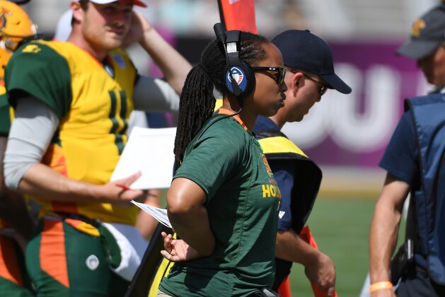 TEMPE, ARIZONA - MARCH 24: Assistant coach Jennifer King of the Arizona Hotshots walks the sidelines during an Alliance of American Football game against the San Diego Fleet at Sun Devil Stadium at Sun Devil Stadium on March 24, 2019 in Tempe, Arizona. (Photo by Norm Hall/AAF/Getty Images)