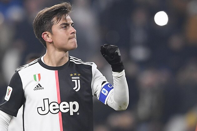 Juventus' Paulo Dybala celebrates after scoring during the Italian Cup soccer match between Juventus and Udinese, at the Allianz Stadium in Turin, Italy, Wednesday, Jan. 15, 2020. (Fabio Ferrari/LaPress via AP)
