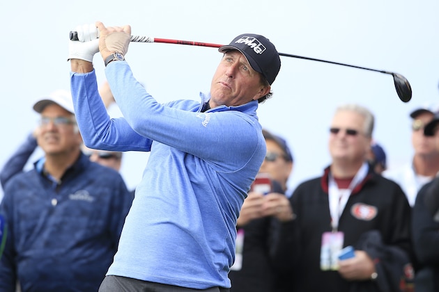 PEBBLE BEACH, CALIFORNIA - FEBRUARY 08:  Phil Mickelson of the United States plays his shot from the ninth tee during the third round of the AT&T Pebble Beach Pro-Am at Pebble Beach Golf Links on February 08, 2020 in Pebble Beach, California. (Photo by Chris Trotman/Getty Images)