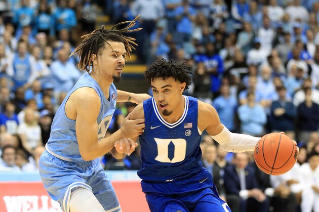 CHAPEL HILL, NORTH CAROLINA - FEBRUARY 08: Tre Jones #3 of the Duke Blue Devils drives to the basket against Cole Anthony #2 of the North Carolina Tar Heels during their game at Dean Smith Center on February 08, 2020 in Chapel Hill, North Carolina. (Photo by Streeter Lecka/Getty Images)