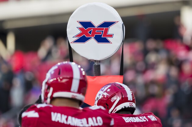 WASHINGTON, DC - FEBRUARY 08: A detailed view of the  XFL logo on the yard marker during the second half of the game between the DC Defenders and the Seattle Dragons at Audi Field on February 8, 2020 in Washington, DC. (Photo by Scott Taetsch/Getty Images)