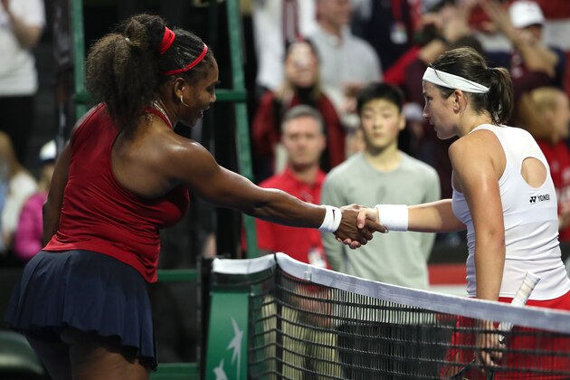 EVERETT, WASHINGTON - FEBRUARY 08: Serena Williams of the United States and Anastasija Sevastova of Latvia shake hands after Sevastova won 7-6 (5), 3-6 and 7-6 (4) during the 2020 Fed Cup qualifier between USA and Latvia at Angel of the Winds Arena on February 08, 2020 in Everett, Washington. (Photo by Abbie Parr/Getty Images) EVERETT, WASHINGTON - FEBRUARY 08: Serena Williams of the United States and Anastasija Sevastova of Latvia shake hands after Sevastova won 7-6 (5), 3-6 and 7-6 (4) during the 2020 Fed Cup qualifier between USA and Latvia at Angel of the Winds Arena on February 08, 2020 in Everett, Washington. (Photo by Abbie Parr/Getty Images)
