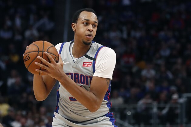 Detroit Pistons forward John Henson looks to pass during the second half of an NBA basketball game against the New York Knicks, Saturday, Feb. 8, 2020, in Detroit. (AP Photo/Carlos Osorio) Detroit Pistons forward John Henson looks to pass during the second half of an NBA basketball game against the New York Knicks, Saturday, Feb. 8, 2020, in Detroit. (AP Photo/Carlos Osorio)