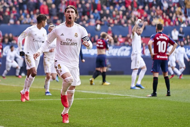 PAMPLONA, SPAIN - FEBRUARY 09: Sergio Ramos of Real Madrid CF celebrates after scoring his team's second goal during the Liga match between CA Osasuna and Real Madrid CF at El Sadar Stadium on February 09, 2020 in Pamplona, Spain. (Photo by Quality Sport Images/Getty Images)