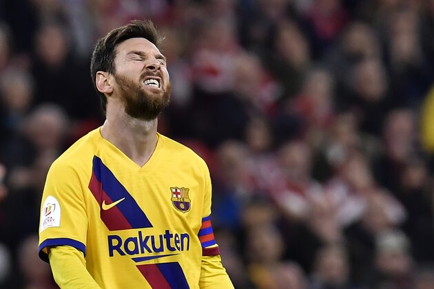 Barcelona's Lionel Messi reacts after a missed scoring opportunity during the Spanish Copa del Rey, quarter final, soccer match between Athletic Bilbao and Barcelona at San Mames stadium in Bilbao, Spain, Thursday, Feb. 6, 2020. (AP Photo/Alvaro Barrientos)