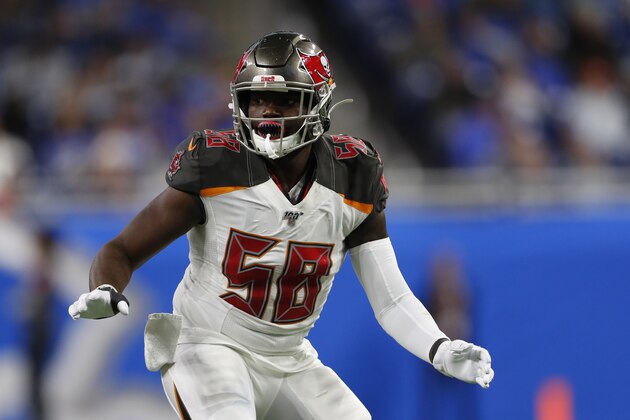 Tampa Bay Buccaneers linebacker Shaquil Barrett in action during the second half of an NFL football game against the Detroit Lions, Sunday, Dec. 15, 2019, in Detroit. (AP Photo/Paul Sancya)