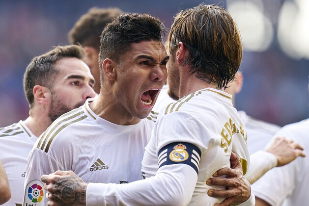 PAMPLONA, SPAIN - FEBRUARY 09: Sergio Ramos of Real Madrid CF celebrates after scoring his team's second goal during the Liga match between CA Osasuna and Real Madrid CF at El Sadar Stadium on February 09, 2020 in Pamplona, Spain. (Photo by Quality Sport Images/Getty Images)
