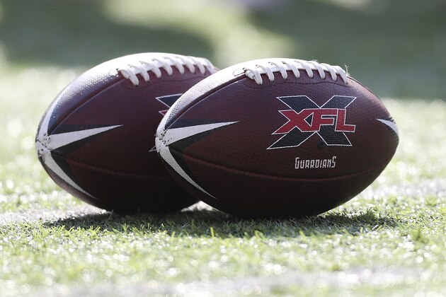 A closeup detail view of the New York Guardians XFL ball on the field before an XFL football game between the Tampa Bay Vipers and the New York Guardians, Sunday, Feb. 9, 2020, in East Rutherford, N.J. (AP Photo/Steve Luciano)