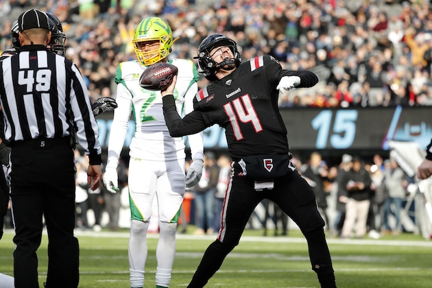 EAST RUTHERFORD, NEW JERSEY - FEBRUARY 09: Matt McGloin #14 of the NY Guardians celebrates after scoring a touchdown against the Tampa Bay Vipers during the first half of their XFL game at MetLife Stadium on February 09, 2020 in East Rutherford, New Jersey. (Photo by Michael Owens/Getty Images)
