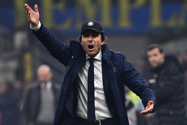 Inter Milan's coach Antonio Conte from Italy reacts during the Italian Serie A football match Inter Milan vs AC Milan on February 9, 2020 at the San Siro stadium in Milan. (Photo by MARCO BERTORELLO / AFP) (Photo by MARCO BERTORELLO/AFP via Getty Images) Inter Milan's coach Antonio Conte from Italy reacts during the Italian Serie A football match Inter Milan vs AC Milan on February 9, 2020 at the San Siro stadium in Milan. (Photo by MARCO BERTORELLO / AFP) (Photo by MARCO BERTORELLO/AFP via Getty Images)