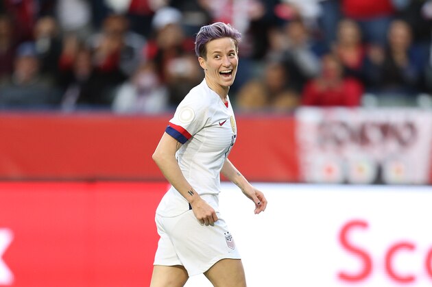CARSON, CA - FEBRUARY 09: Megan Rapinoe #15 of USA celebrates after scores 3rd goal for his team during the Final game between Canada and United States as part of the 2020 CONCACAF Women's Olympic Qualifying at Dignity Health Sports Park on February 9, 2020 in Carson, California. (Photo by Omar Vega/Getty Images)