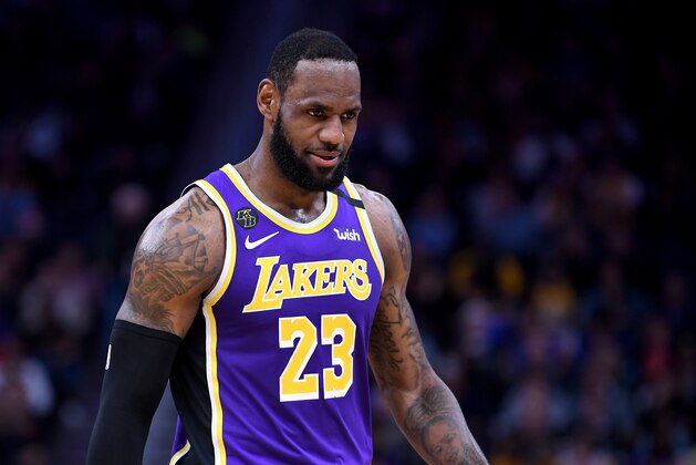 SAN FRANCISCO, CALIFORNIA - FEBRUARY 08: LeBron James #23 of the Los Angeles Lakers looks on against the Golden State Warriors during an NBA basketball game at Chase Center on February 08, 2020 in San Francisco, California. NOTE TO USER: User expressly acknowledges and agrees that, by downloading and or using this photograph, User is consenting to the terms and conditions of the Getty Images License Agreement. (Photo by Thearon W. Henderson/Getty Images)
