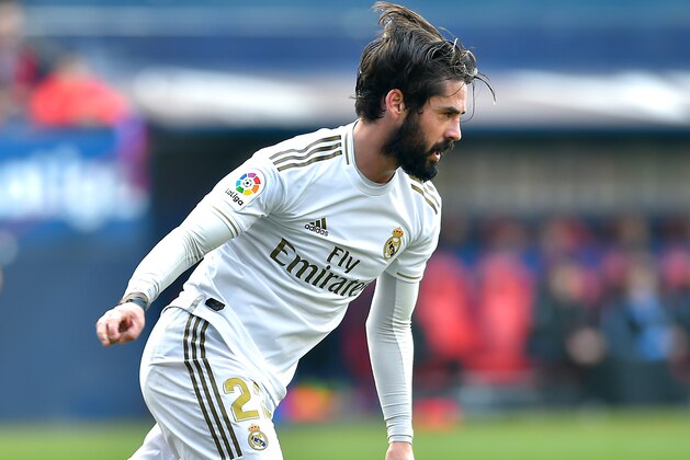 Real Madrid's Spanish midfielder Isco celebrates after scoring his team's opening goal during the Spanish league football match between CA Osasuna and Real Madrid CF at El Sadar stadium in Pamplona on February 9, 2020. (Photo by ANDER GILLENEA / AFP) (Photo by ANDER GILLENEA/AFP via Getty Images)
