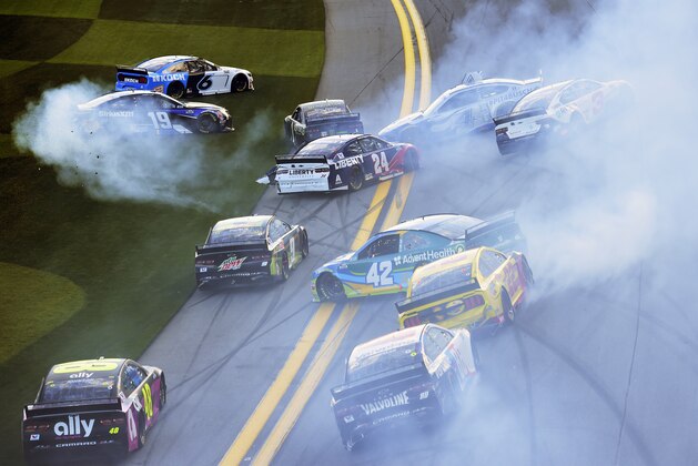 DAYTONA BEACH, FLORIDA - FEBRUARY 09: A majority of the drivers in the field are involved in an on-track incident during the NASCAR Cup Series Busch Clash at Daytona International Speedway on February 09, 2020 in Daytona Beach, Florida. (Photo by Jared C. Tilton/Getty Images)