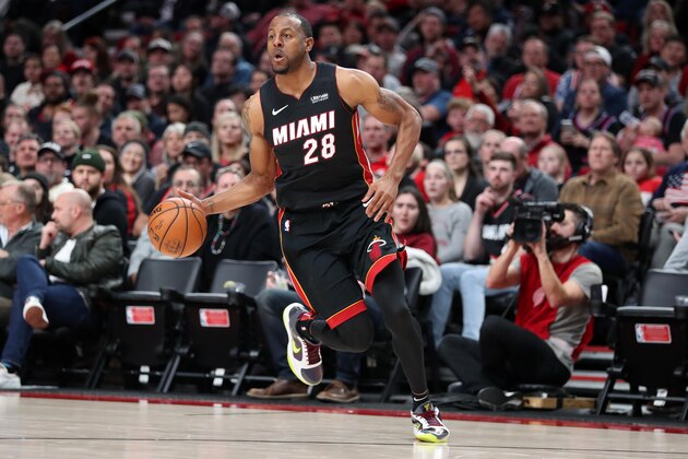 PORTLAND, OREGON - FEBRUARY 09: Andre Iguodala #28 of the Miami Heat dribbles with the ball in the fourth quarter against the Portland Trail Blazers during their game at Moda Center on February 09, 2020 in Portland, Oregon. NOTE TO USER: User expressly acknowledges and agrees that, by downloading and or using this photograph, User is consenting to the terms and conditions of the Getty Images License Agreement. (Photo by Abbie Parr/Getty Images)