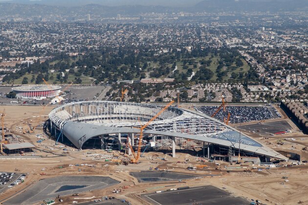 Aerial view of the SoFi Stadium, still under construction, future home of the Rams and Chargers in Inglewood, California on October 23, 2019. (Photo by Daniel SLIM / AFP) (Photo by DANIEL SLIM/AFP via Getty Images)