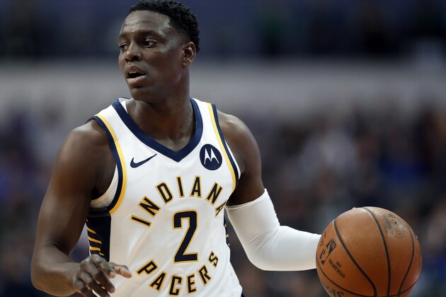 Indiana Pacers guard Darren Collison (2) advances the ball up court against the Dallas Mavericks during an NBA basketball game in Dallas, Wednesday, Feb. 27, 2019. (AP Photo/Tony Gutierrez)