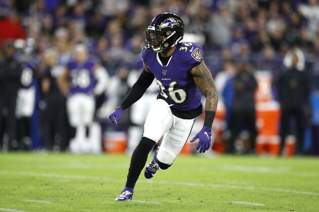 Baltimore Ravens strong safety Chuck Clark is seen in coverage against the Tennessee Titans during the firs half of an NFL divisional playoff football game, Saturday, Jan. 11, 2020, in Baltimore. The Titans won 28-12. (AP Photo/Julio Cortez)