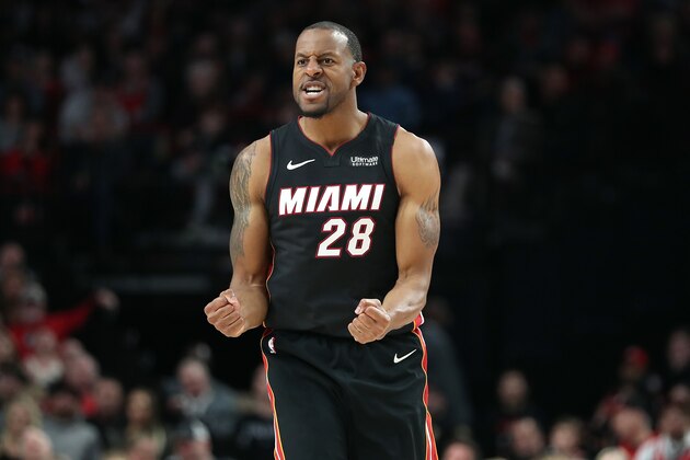PORTLAND, OREGON - FEBRUARY 09: Andre Iguodala #28 of the Miami Heat reacts in the fourth quarter against the Portland Trail Blazers during their game at Moda Center on February 09, 2020 in Portland, Oregon. NOTE TO USER: User expressly acknowledges and agrees that, by downloading and or using this photograph, User is consenting to the terms and conditions of the Getty Images License Agreement. (Photo by Abbie Parr/Getty Images)