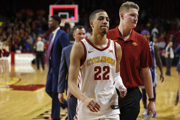 Iowa State guard Tyrese Haliburton (22) walks off the court following a win over Kansas State in a NCAA college basketball game, Saturday, Feb. 8, 2020, in Ames, Iowa. (AP Photo/Matthew Putney)