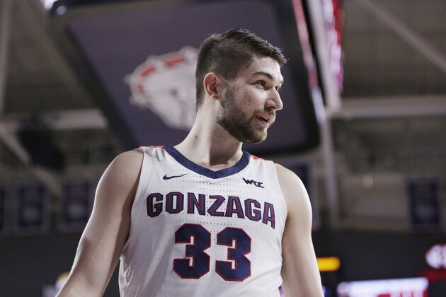 Gonzaga forward Killian Tillie (33) walks on the court during the first half of an NCAA college basketball game against Santa Clara in Spokane, Wash., Thursday, Jan. 16, 2020. (AP Photo/Young Kwak) Gonzaga forward Killian Tillie (33) walks on the court during the first half of an NCAA college basketball game against Santa Clara in Spokane, Wash., Thursday, Jan. 16, 2020. (AP Photo/Young Kwak)
