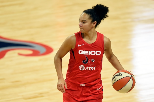 WASHINGTON, DC - OCTOBER 10:  Kristi Toliver #20 of the Washington Mystics handles the ball against the Connecticut Sun in Game 5 of the 2019 WNBA Finals at St Elizabeths East Entertainment & Sports Arena on October 10, 2019 in Washington, DC.  (Photo by G Fiume/Getty Images)