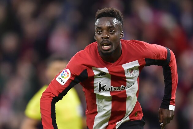 Athletic Bilbao's Inaki Williams runs during the Spanish La Liga soccer match between Athletic Bilbao and Valladolid at San Mames stadium in Bilbao, northern Spain, Sunday, Oct. 20, 2019. (AP Photo/Alvaro Barrientos)