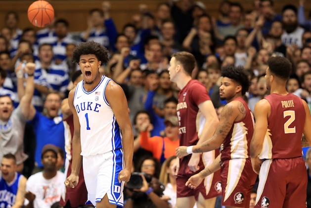 DURHAM, NORTH CAROLINA - FEBRUARY 10: Vernon Carey Jr. #1 of the Duke Blue Devils reacts after a play against the Florida State Seminoles during their game at Cameron Indoor Stadium on February 10, 2020 in Durham, North Carolina. (Photo by Streeter Lecka/Getty Images)