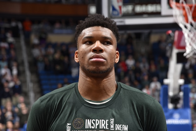 ORLANDO, FL - FEBRUARY 8: Giannis Antetokounmpo #34 of the Milwaukee Bucks looks on before the game against the Orlando Magic on February 8, 2020 at Amway Center in Orlando, Florida. NOTE TO USER: User expressly acknowledges and agrees that, by downloading and or using this photograph, User is consenting to the terms and conditions of the Getty Images License Agreement. Mandatory Copyright Notice: Copyright 2020 NBAE (Photo by Fernando Medina/NBAE via Getty Images)