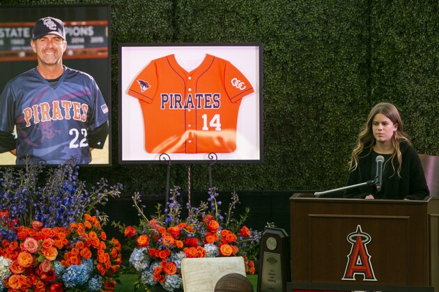 Sammy Forbath, Alyssa Altobelli's best friend speaks at a memorial service honoring baseball coach John Altobelli, his wife, Keri, and their daughter Alyssa at Angel Stadium of Anaheim on Feb. 10, 2020 in Anaheim, Calif. (AP Photo/Damian Dovarganes)