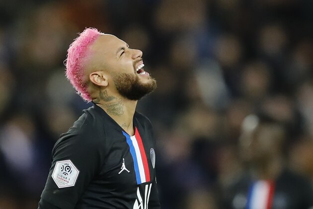 PSG's Neymar reacts during the French League One soccer match between Paris-Saint-Germain and Montpellier at the Parc des Princes stadium in Paris, Saturday Feb. 1, 2020. (AP Photo/Christophe Ena)
