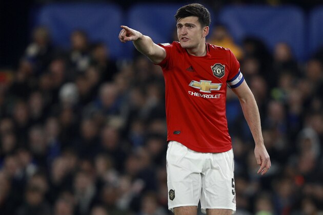 Manchester United's Harry Maguire gestures during the English League Cup soccer match between Chelsea and Manchester United at Stamford Bridge in London, Wednesday, Oct. 30, 2019. (AP Photo/Ian Walton) Manchester United's Harry Maguire gestures during the English League Cup soccer match between Chelsea and Manchester United at Stamford Bridge in London, Wednesday, Oct. 30, 2019. (AP Photo/Ian Walton)