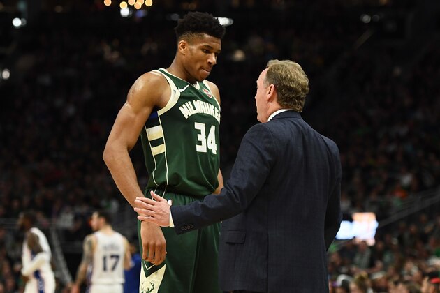 MILWAUKEE, WISCONSIN - MARCH 17: Giannis Antetokounmpo #34 of the Milwaukee Bucks speaks with head coach Mike Budenholzer during a game against the Philadelphia 76ers at Fiserv Forum on March 17, 2019 in Milwaukee, Wisconsin. NOTE TO USER: User expressly acknowledges and agrees that, by downloading and or using this photograph, User is consenting to the terms and conditions of the Getty Images License Agreement. (Photo by Stacy Revere/Getty Images) MILWAUKEE, WISCONSIN - MARCH 17: Giannis Antetokounmpo #34 of the Milwaukee Bucks speaks with head coach Mike Budenholzer during a game against the Philadelphia 76ers at Fiserv Forum on March 17, 2019 in Milwaukee, Wisconsin. NOTE TO USER: User expressly acknowledges and agrees that, by downloading and or using this photograph, User is consenting to the terms and conditions of the Getty Images License Agreement. (Photo by Stacy Revere/Getty Images)