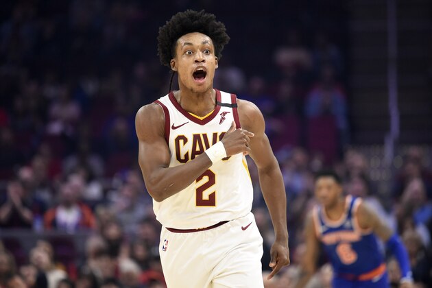 CLEVELAND, OHIO - FEBRUARY 03: Collin Sexton #2 of the Cleveland Cavaliers taunts the New York Knicks bench after scoring during the first half at Rocket Mortgage Fieldhouse on February 03, 2020 in Cleveland, Ohio. NOTE TO USER: User expressly acknowledges and agrees that, by downloading and/or using this photograph, user is consenting to the terms and conditions of the Getty Images License Agreement. (Photo by Jason Miller/Getty Images)