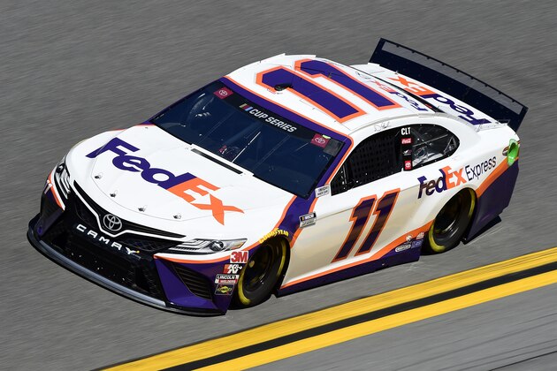 DAYTONA BEACH, FLORIDA - FEBRUARY 08: Denny Hamlin, driver of the #11 FedEx Express Toyota, practices for the NASCAR Cup Series 62nd Annual Daytona 500 at Daytona International Speedway on February 08, 2020 in Daytona Beach, Florida. (Photo by Jared C. Tilton/Getty Images)
