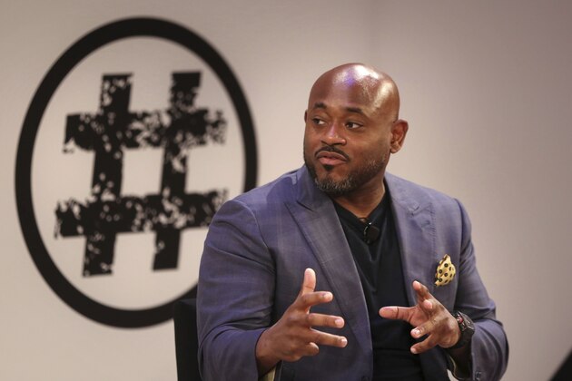 IMAGE DISTRIBUTED FOR HASHTAG SPORTS - Translation founder and CEO Steve Stoute speaks with Jason Feifer during the Hashtag Sports 2018 conference at the TimesCenter on Monday, June 25, 2018, in New York. (Kevin Hagen/Hashtag Sports via AP Images)